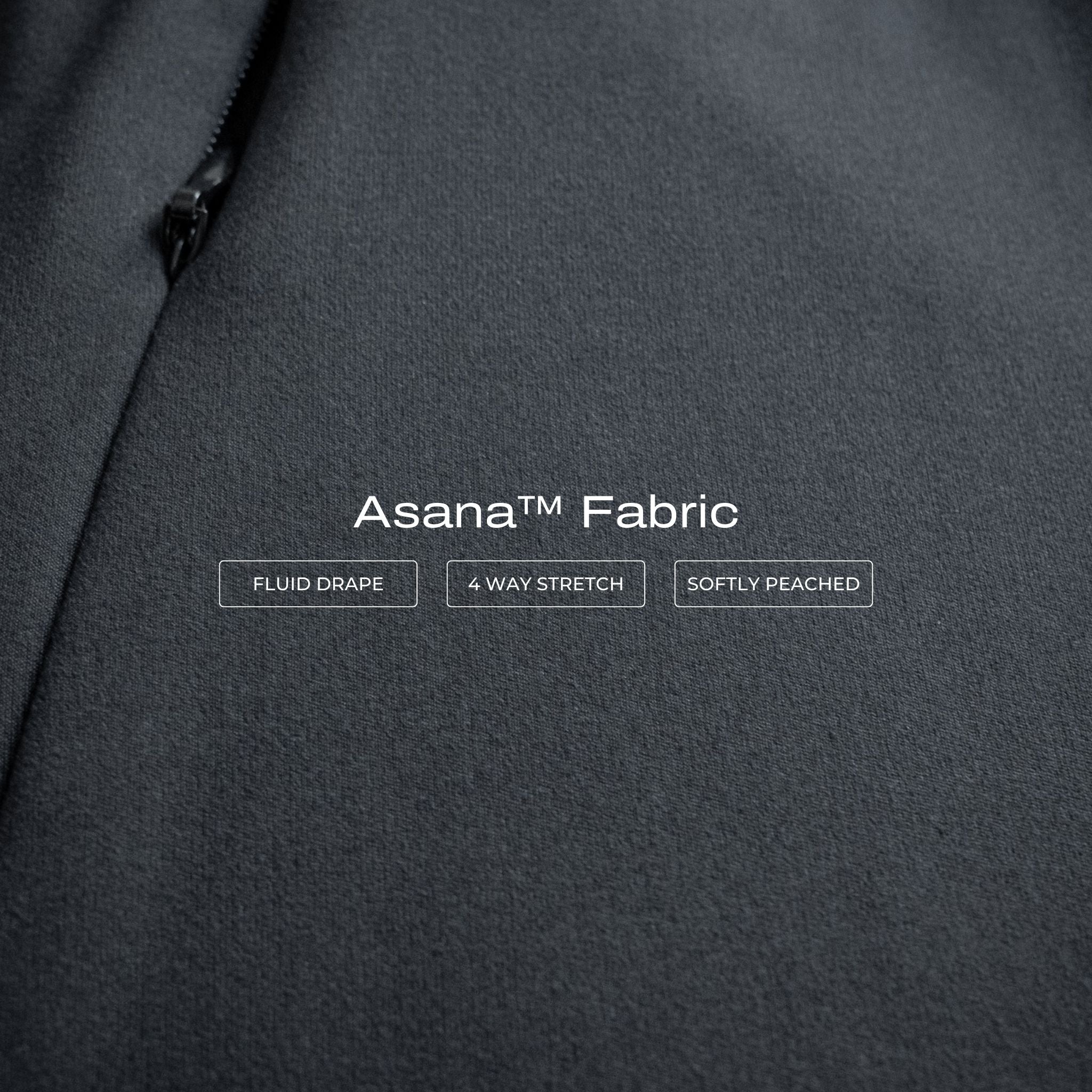 Close-up of black Ninepine Asana fabric texture with a black zipper.